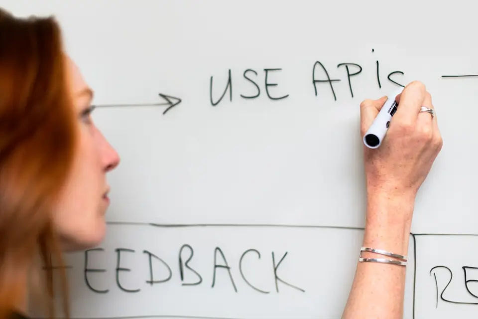 Frau skizziert einen Ablauf mit „Use APIs“ auf einem Whiteboard